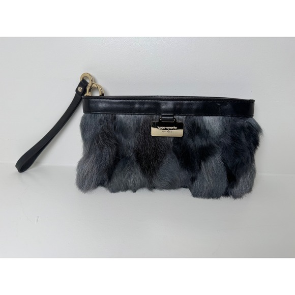 Kate Spade New York Black Leather Grey Fur Wristlet Clutch Bag